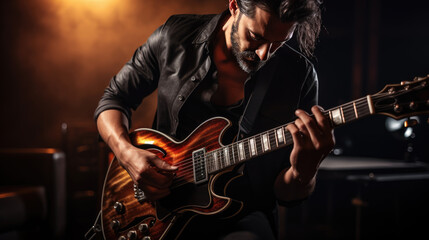 Obraz premium Male musician playing guitar at a rock concert