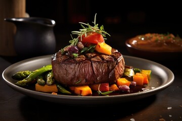 Generative ai of mouthwatering medium rare beef tenderloin steak with vegetables is placed on a plate on the dining table, ready to eat.