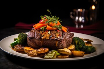 Generative ai of mouthwatering medium rare beef tenderloin steak with vegetables is placed on a plate on the dining table, ready to eat.