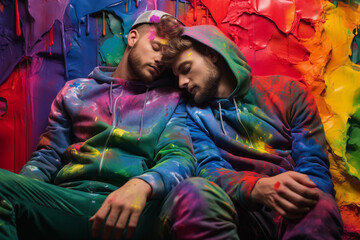 Two homosexual guys hugging each other against a pride flag background. Diversity and LGBTI rights concept