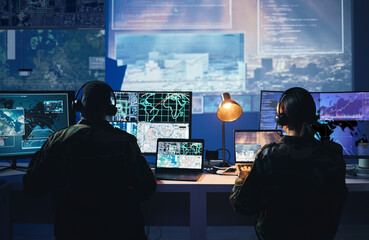 Military control room, computer screen and team with surveillance, headset and tech communication...