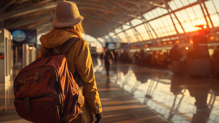 young woman walking in the train station at night, travel and lifestyle concept.