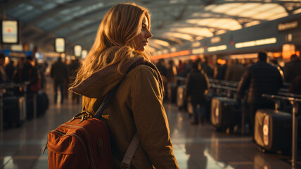 young woman walking in the train station at night, travel and lifestyle concept.