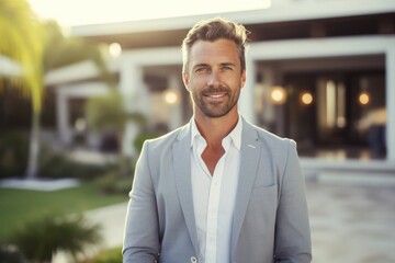 Fototapeta premium Caucasian Man Real Estate Agent Background Scene Stylish Generative AI