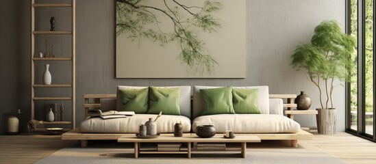 a Muji-inspired, minimalist living room with a wabisabi sofa and Japandi decoration.