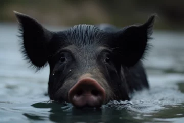 Fotobehang a black pig is swimming © imur
