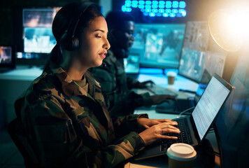 Army command center, laptop and woman in headset, global surveillance and tech communication....