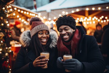 Two young cheerful african people drinking mulled wine at the christmas market on a winter vacation