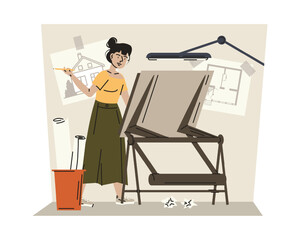 Lady holding pencil, standing near board and working with project. Designing houses in architectural bureau. Design engineering concept. Flat vector illustration in brown colors