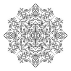 Isolated flower mandala in vector. Round line pattern. Vintage monochrome element for coloring pages, tattoo, decoration