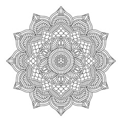 Isolated black mandala in vector. Round flower line unpainted pattern. Vintage monochrome element for coloring pages and design