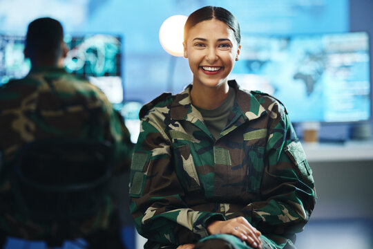 Portrait, smile and a woman in an army control room for strategy as a soldier in uniform during war or battle. Face, happy and young military person in an office for support, surveillance or service