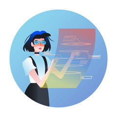 Young female in VR reading virtual document. People in virtual reality concept. Modern technology for work and study. Flat vector illustration in blue colors in cartoon style