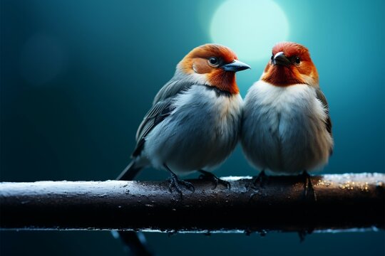 Birds with red heads stand against a moonlit backdrop