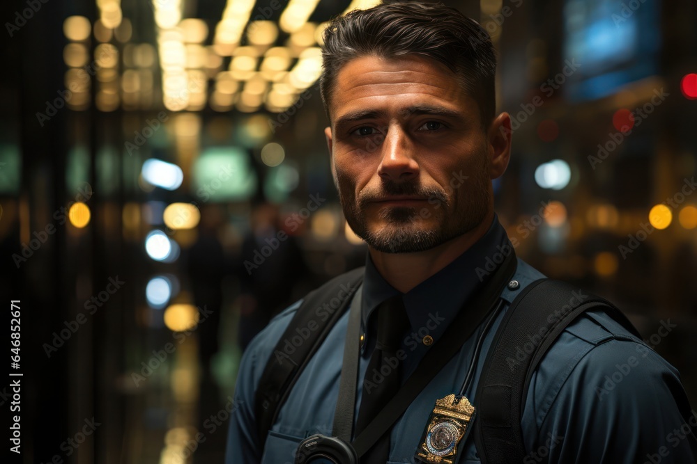 Poster caucasian man security guard backdrop scene strong generative ai