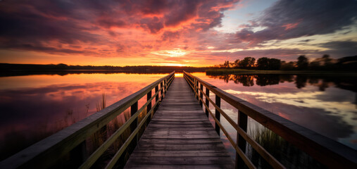 Obraz premium Wharf pier. sunset lake sky.