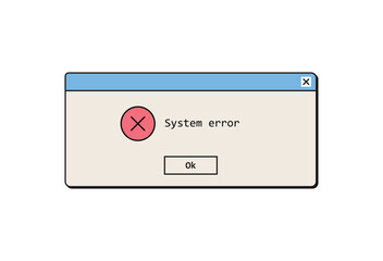 System error alert and notification, failure, os problem information, dialog window with warning message, digital mistake in retro 90s style on white background flat vector illustration.