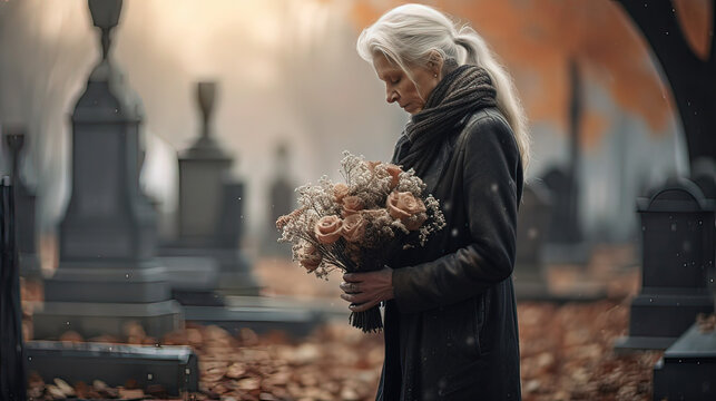 Older woman carrying flowers to the cemetery