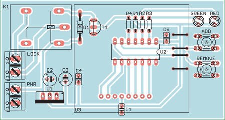 Vector printed circuit board of an electronic 
device with components of radio elements, 
conductors and contact pads placed on it. 
Engineering drawing