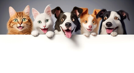 Funny dogs and cats over a white banner. - obrazy, fototapety, plakaty
