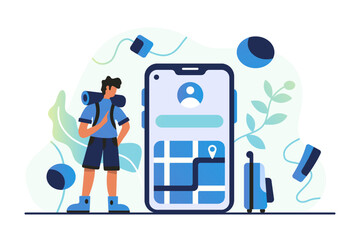 Man with backpack standing near phone, looking at map and ready for travel. Finding route while traveling. Flat vector illustration in blue colors in cartoon style
