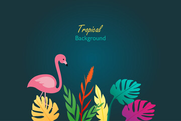 Tropical vector background with colorful leaves and pink flamingo. Abstract foliage and botanical background.