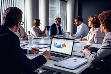 Business people group meeting in office. Professional businesswomen, businessmen, and office workers work in team conferences with project planning documents on the meeting table.