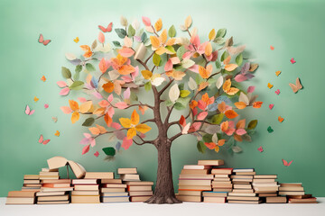 International literacy day concept with tree with books like leaves.