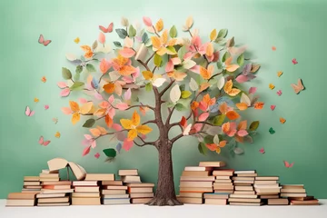 Fotobehang International literacy day concept with tree with books like leaves. © arhendrix