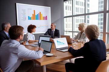 Business people group meeting in office. Professional businesswomen, businessmen, and office workers work in team conferences with project planning documents on the meeting table.