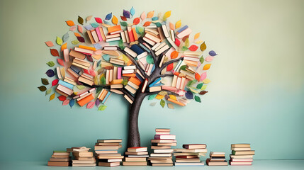 International literacy day concept with tree with books like leaves. - obrazy, fototapety, plakaty