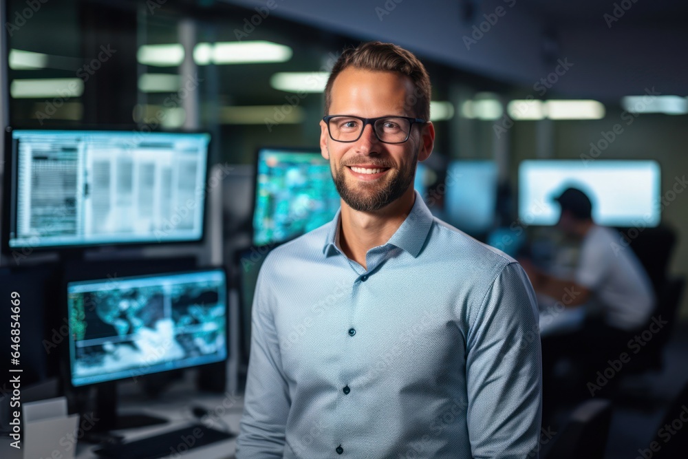 Aufkleber caucasian man software developer backdrop scene stylish generative ai