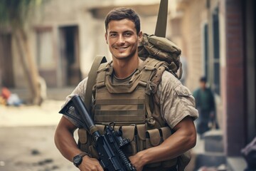 Fototapeta premium Caucasian Male Soldier Backdrop Hard Working Generative AI