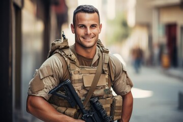 Fototapeta premium Caucasian Man Soldier Backdrop Scene Strong Generative AI