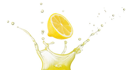 Half lemon falling into a crown shaped yellow juice splash isolated on white background.