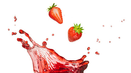 Ripe strawberries falling into a transparent red liquid crown shaped splash isolated on white background. Real studio shot.