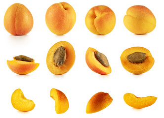 Set of  whole, half, quarter apricot fruits isolated on white background. Authentic studio shot collection.