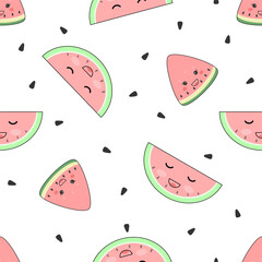 Seamless cute watermelon pattern on white background. Summer vector illustration with watermelon slices and seeds. Simple design, suitable for printing on fabric, greeting cards, gift wrap, etc.
