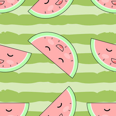 Cute seamless watermelon pattern on background. Summer vector illustration with watermelon slices and seeds. Simple design Suitable for printing on fabric, greeting cards, gift wrapping paper, etc.