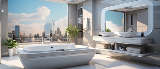 Fototapeta premium Modern futuristic bathroom, sci-fi room looking out to an extraterrestrial landscape.