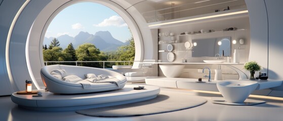 Modern futuristic bathroom, sci-fi room looking out to an extraterrestrial landscape.