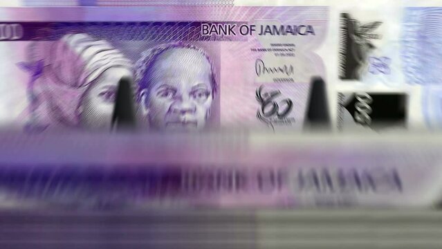 Jamaica money Jamaican Dollar money counting machine with banknotes. Quick 500 JMD currency note down rotation. Business and economy. Concept loopable and seamless background.