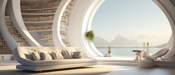Futuristic white Library room, sci-fi room looking out to an landscape. Long Big sofa.