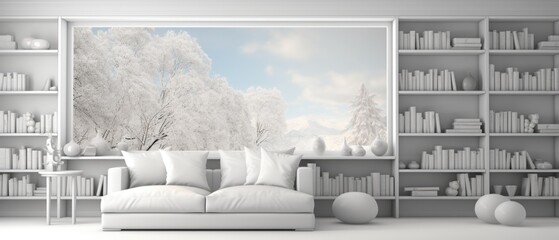 Futuristic white Library room, sci-fi room looking out to an landscape. Big sofa.