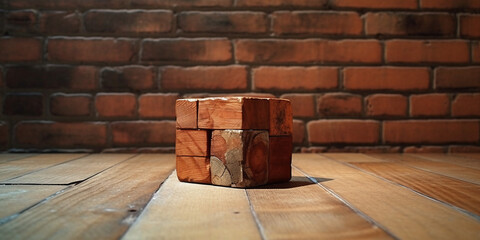 Cubo di legno su sfondo di mattoni. Ai generated.