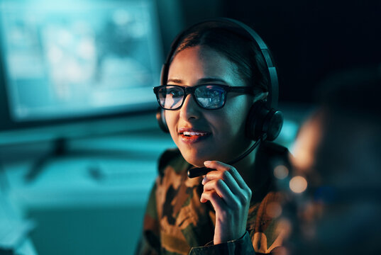 Call center, woman and face with microphone and glasses for information technology, big data or intelligence agency. Person, cyber security and smile for communication, analysis and support to army - Powered by Adobe