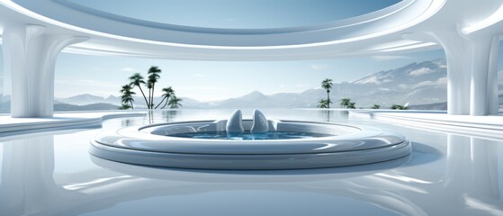 Futuristic white room with jacuzzi, sci-fi room looking out to an landscape.