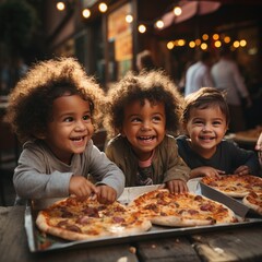 Three happy smiling, laughing kids eats fresh pizza, meal, holding with hands during party on...