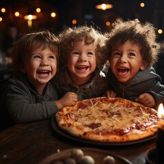 Three happy smiling, laughing kids, boys eats fresh pizza, meal, holding with hands during party on street, city feast outside