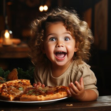 Surprized, happy smiling, laughing blonde curly kid girl at table eats fresh pizza, meal in hands